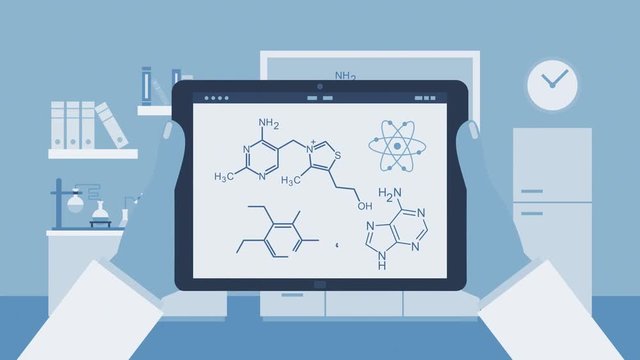 scientist holding a tablet pc with a chemistry app, chemical research laboratory on background, concept of science and technology