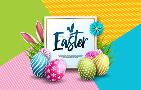 Vector Illustration of Happy Easter Holiday with Painted Egg, Rabbit Ears and Spring Flower on Colorful Background. International Celebration Design with Typography for Greeting Card, Party Invitation