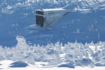 Panorama of Snow Holes With Labska Bouda, Giant Mountains Beautiful snowy winter landscape of...