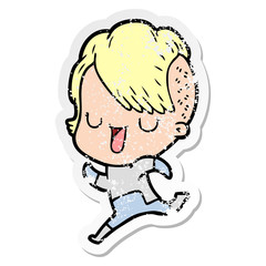 distressed sticker of a cute cartoon girl with hipster haircut