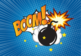 Bomb in pop art style and comic speech bubble with text - BOOM! Cartoon dynamite at background with dots halftone and sunburst. © Suchart