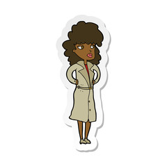 sticker of a cartoon woman in trench coat