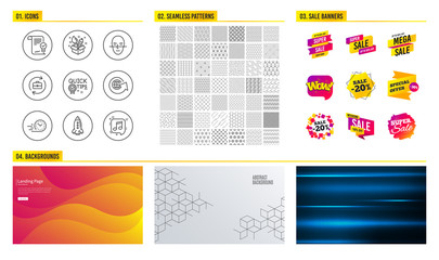 Seamless pattern. Shopping mall banners. Set of Rocket, World globe and Human resources icons. Creativity, Fast delivery and Approved agreement signs. Vector