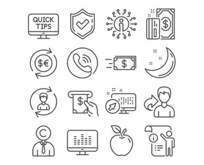 Set of Copyrighter, Human resources and Web tutorials icons. Money transfer, Manual doc and Payment signs. Music making, Atm service and Money currency symbols. Vector