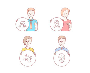 People hand drawn style. Set of Throw hats, Customer satisfaction and Location icons. Face biometrics sign. College graduation, Happy smile, Map pointer. Facial recognition. Vector