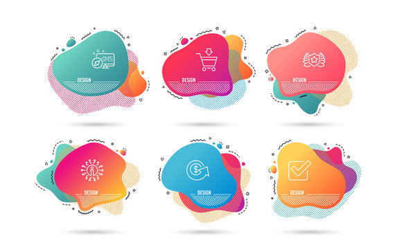 Dynamic liquid shapes. Set of Dollar exchange, Laureate and Online market icons. Checkbox sign. Money refund, Award shield, Shopping cart. Approved tick.  Gradient banners. Fluid abstract shapes