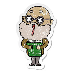 distressed sticker of a cartoon joyful man with beard and book