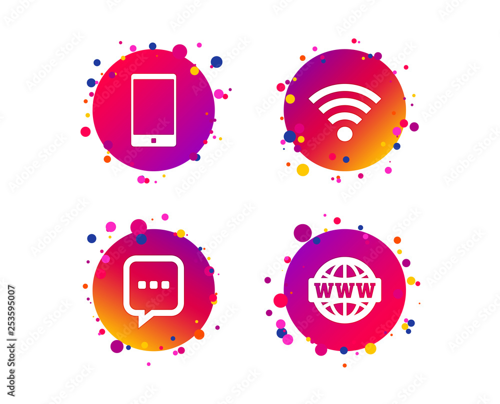 Poster communication icons. smartphone and chat speech bubble symbols. wifi and internet globe signs. gradi