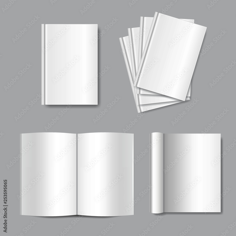 Poster vector mock up of white blank books. cover isolated on gray background. realistic closed and open bo