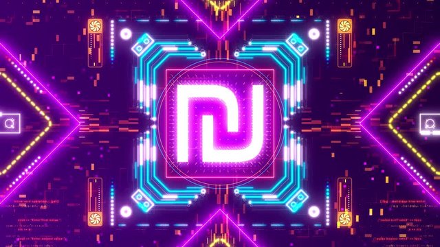 New Shekel symbol animaton on digital glitch background.