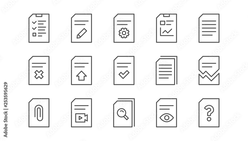 Poster document line icons. report, checklist and download file. read message linear icon set. vector