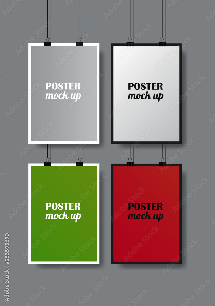 Aufkleber set of vector color posters mock up isolated on grey background with soft shadow. realistic colored 