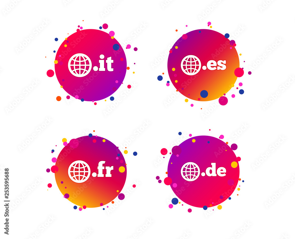 Poster top-level internet domain icons. de, it, es and fr symbols with globe. unique national dns names. gr