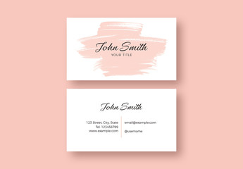 Business Card Layout with Pink Brush Stroke Illustration