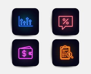 Neon glow lights. Set of Upper arrows, Dollar wallet and Discount message icons. Accounting report sign. Growth infochart, Cash money, Special offer. Check finance.  Neon icons. Glowing light banners