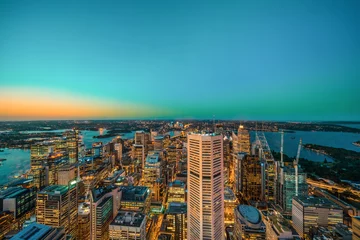 Fotobehang Sydney Australia aerial view from Sydney Tower after sunset with illuminated skyscrapers © pozdeevvs