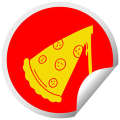 quirky circular peeling sticker cartoon slice of pizza