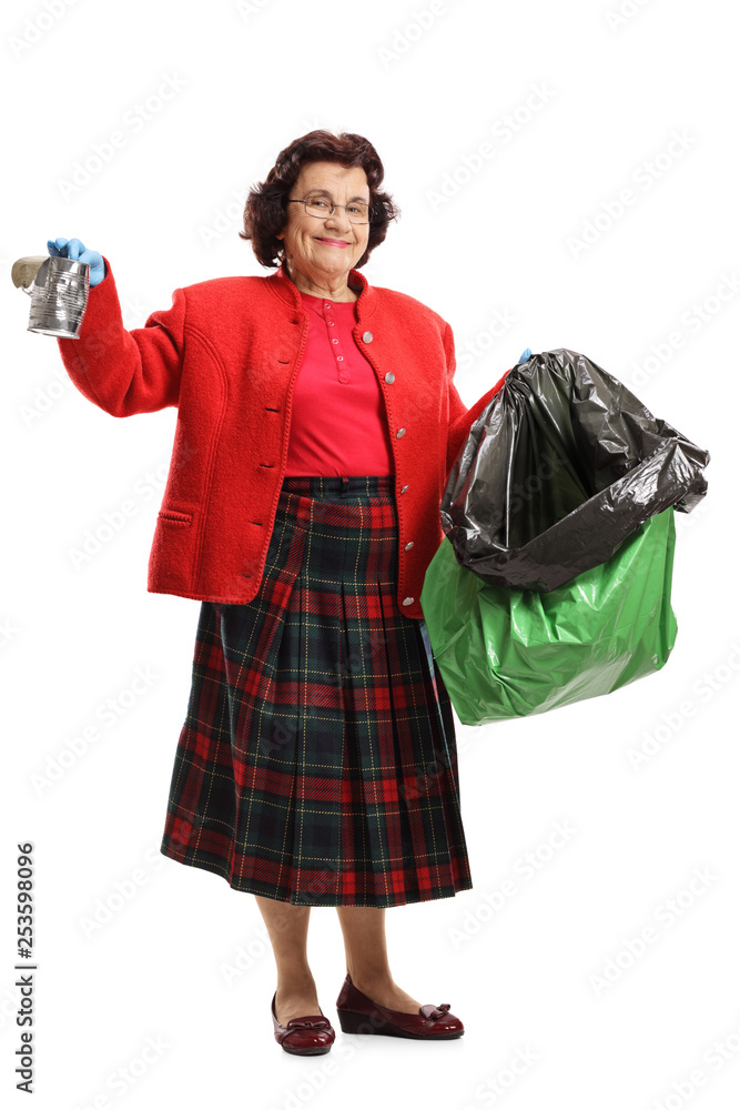 Poster Elderly woman recycling with a tin can and a plastic bag