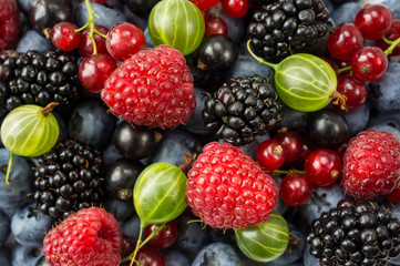 Mix berries and fruits. Ripe blackberries, blackcurrants, red currants, raspberries and gooseberries. Top view. Background berries and fruits. Various fresh summer fruits.