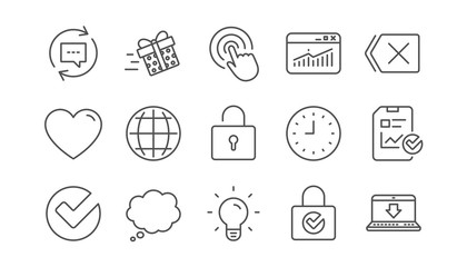 Report, Time and Globe line icons. Statistics, Light bulb and Gift surprise box. Linear icon set.  Vector