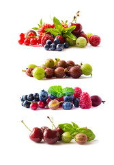 Set of fresh fruits and berries isolated a white background. Ripe currants, raspberries, cherries, strawberries, gooseberries, mulberries and bilberries. Background of mix fruits 