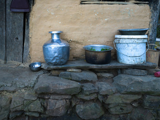 Fototapeta premium Utensils outside traditional hut, Rinchenpong, Sikkim, India