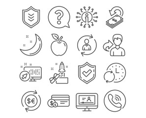 Set of Money currency, Question mark and Shield icons. Payment method, Innovation and Person info signs. Online video, Cashback and Update time symbols. Vector