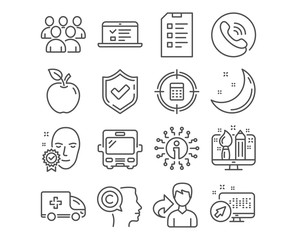 Set of Face verified, Group and Creative design icons. Ambulance emergency, Writer and Bus signs. Web lectures, Calculator target and Checklist symbols. Access granted, Developers, Designer. Vector