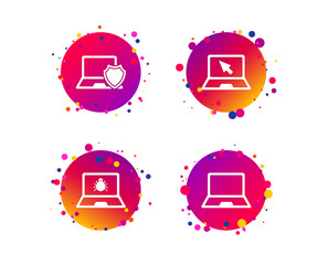 Notebook laptop pc icons. Virus or software bug signs. Shield protection symbol. Mouse cursor pointer. Gradient circle buttons with icons. Random dots design. Vector