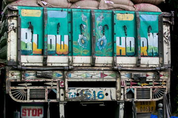 Close-up of  the back of a semi truck, Shakti, Sikkim, India