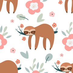 Cute cartoon sloth seamless pattern. Sloth, flowers, and leaves vector illustration. © reddish