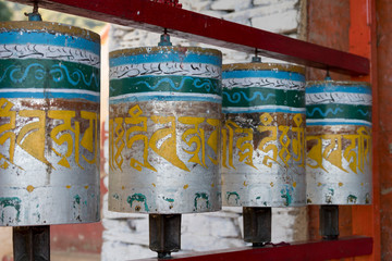 Close-up of prayer wheels in a monastery, Rinchenpong Monastery, Rinchenpong, Sikkim, India
