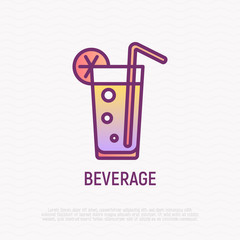 Beverage with straw and lemon thin line icon. Modern vector illustration.