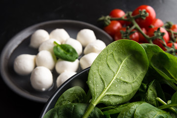 Ingredients for Caprese Salad with mozzarella, tomatoes cherry and baby spinach