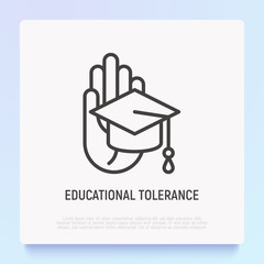 Educational tolerance thin line icon: graduation cap in hand. Modern vector illustration.