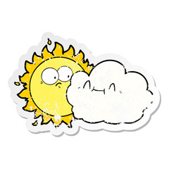 distressed sticker of a cute cartoon cloud and sun