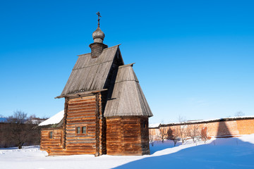 View of the russian wooden church in winter