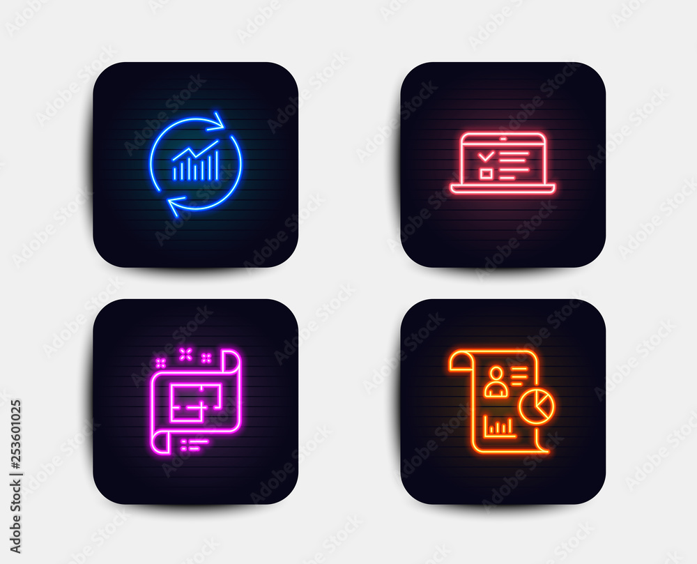 Poster neon glow lights. set of update data, architectural plan and web lectures icons. report sign. sales 