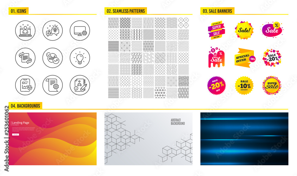 Poster seamless pattern. shopping mall banners. set of idea, statistics and best manager icons. report chec