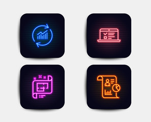 Neon glow lights. Set of Update data, Architectural plan and Web lectures icons. Report sign. Sales statistics, Technical project, Online test. Work statistics.  Neon icons. Glowing light banners