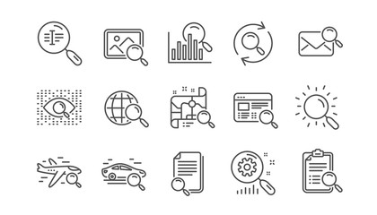 Search line icons. Indexation, Artificial intelligence and Car rental. Search images linear icon set.  Vector