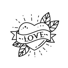 Heart with ribbon and inscription Love. Greeting retro postcard element for mother's day, wedding, valentine's day. vintage tattoo. flat vector illustration