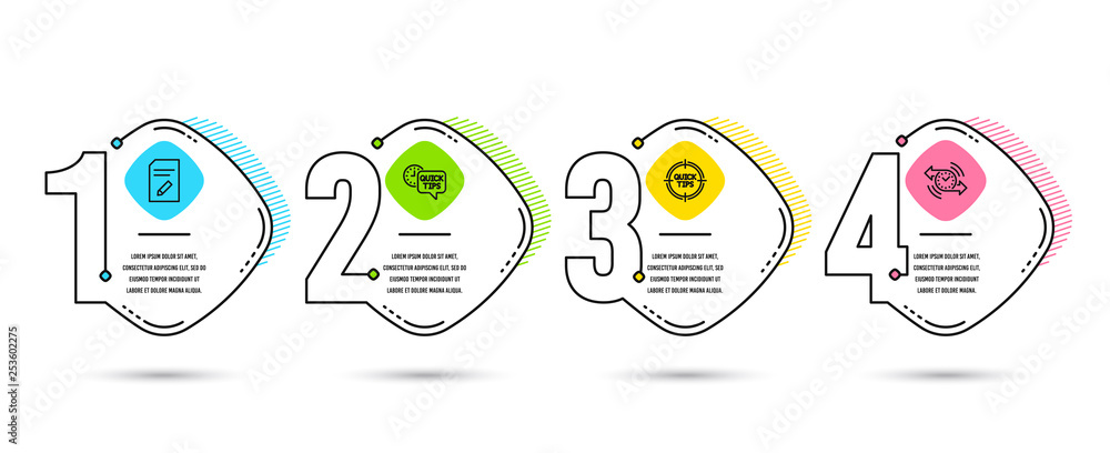 Poster infographic template 4 options or steps. set of edit document, quick tips and tips icons. timer sign