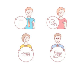 People hand drawn style. Set of Like button, Smartphone and Education icons. Success business sign. Press love, Cellphone or phone, Quick tips. Growth chart.  Character hold circle button. Vector