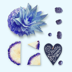 Creative concept with pineapple. Bright juicy summer background. A set of slices of pineapple and...