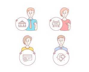 People hand drawn style. Set of Change card, Carousels and Partnership icons. Cashback sign. Payment method, Attraction park, Business startup. Receive money.  Character hold circle button. Vector