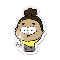 distressed sticker of a cartoon happy old woman