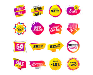Sale banner templates design. Special offer tags. Cyber monday sale discounts. Black friday shopping icons. Best ultimate offer. Super shopping discount icons. Vector