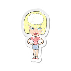 retro distressed sticker of a cartoon woman thinking