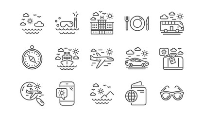 Travel line icons. Passport, Luggage and Check in airport. Sunglasses linear icon set.  Vector